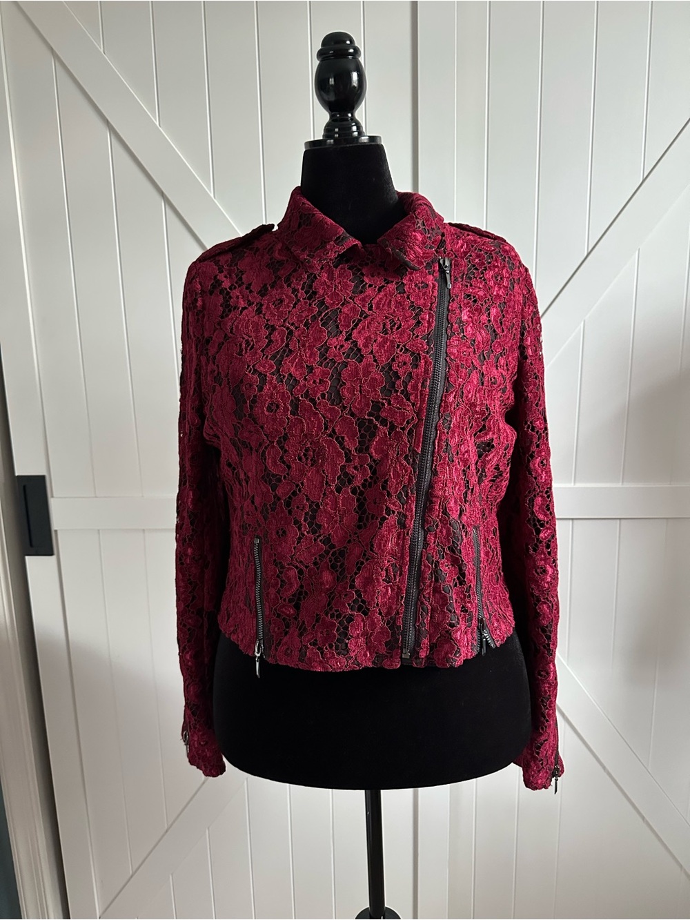 White House Black Market XL Burgundy Lace Moto Jacket Black Lined Zip